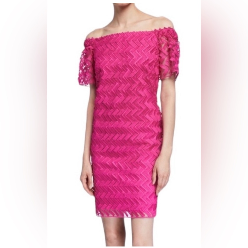 Trina Turk Seaway Eyelash Zigzag Off Shoulder/ Hot Pink Dress Size 2 NWT - Picture 3 of 14